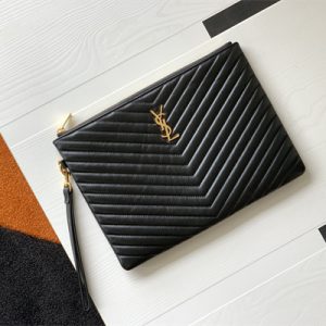 Y.S.L CASSANDRA MATELASS?? TABLET POUCH IN QUILTED LEATHER Black Color Gold Tone Metal