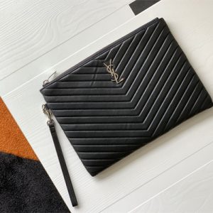 Y.S.L CASSANDRA MATELASS?? TABLET POUCH IN QUILTED LEATHER Black Color Silver Tone Metal