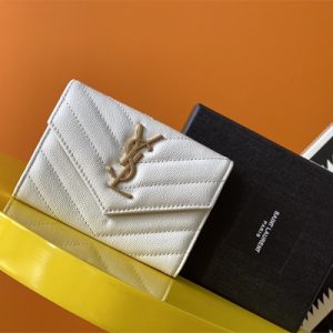 Y.S.L CASSANDRA MATELASS?? SMALLENVELOPE WALLET IN GRAIN DE POUDRE EMBOSSED LEATHER White Color Gold Tone Metal