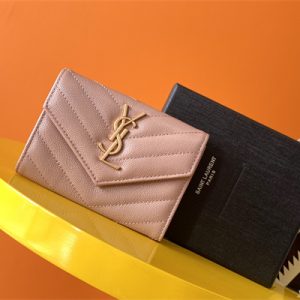 Y.S.L CASSANDRA MATELASS?? SMALL ENVELOPE WALLET IN GRAIN DE POUDRE EMBOSSED LEATHER Pink Color Gold Tone Metal