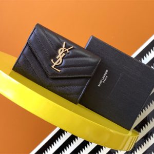 Y.S.L CASSANDRA MATELASS?? SMALL ENVELOPE WALLET IN GRAIN DE POUDRE EMBOSSED LEATHER Black Color Gold Tone Metal