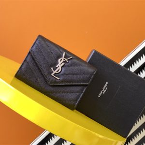 Y.S.L CASSANDRA MATELASS?? SMALL ENVELOPE WALLET IN GRAIN DE POUDRE EMBOSSED LEATHER Black Color Silver Tone Metal