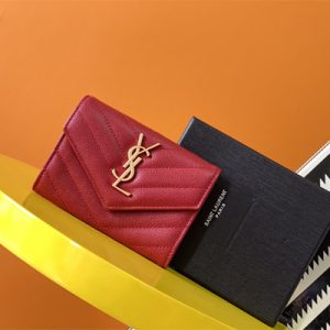 Y.S.L CASSANDRA MATELASS?? SMALL ENVELOPE WALLET IN GRAIN DE POUDRE EMBOSSED LEATHER Red Color Gold Tone Metal