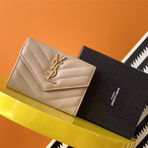 Y.S.L CASSANDRA MATELASS?? SMALL ENVELOPE WALLET IN GRAIN DE POUDRE EMBOSSED LEATHER Beige Color Gold Tone Metal