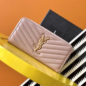 Y.S.L CASSANDRA MATELASS?? ZIP AROUND WALLET IN GRAIN DE POUDRE EMBOSSED LEATHER Pink Color Gold Tone Metal