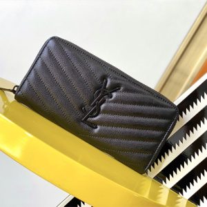 Y.S.L CASSANDRA MATELASS?? ZIP AROUND WALLET IN GRAIN DE POUDRE EMBOSSED LEATHER Black Color Black Tone Metal