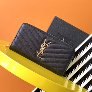 Y.S.L CASSANDRA MATELASS?? ZIP AROUND WALLET IN GRAIN DE POUDRE EMBOSSED LEATHER Black Color Gold Tone Metal