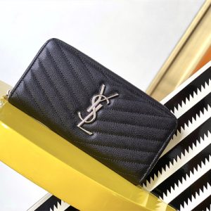 Y.S.L CASSANDRA MATELASS?? ZIP AROUND WALLET IN GRAIN DE POUDRE EMBOSSED LEATHER Black Color Silver Tone Metal