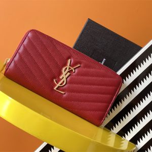 Y.S.L CASSANDRA MATELASS?? ZIP AROUND WALLET IN GRAIN DE POUDRE EMBOSSED LEATHER Red Color Gold Tone Metal
