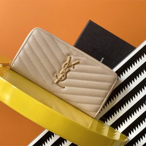 Y.S.L CASSANDRA MATELASS?? ZIP AROUND WALLET IN GRAIN DE POUDRE EMBOSSED LEATHER Beige Color Gold Tone Metal