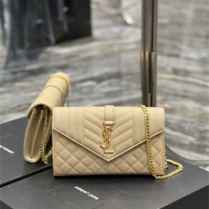 Y.S.L CASSANDRA CHAIN WALLET IN QUILTED LEATHER Beige Color Gold Tone Metal
