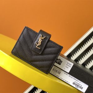 Y.S.L MONOGRAM BUSINESS CARD CASE IN GRAIN DE POUDRE EMBOSSED LEATHER Black Color Gold Tone Metal