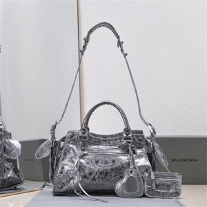 Women's NEO Cagole City Small Handbag In Metallized Arena Lambskin Aged Silver Color