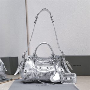 Women's NEO Cagole City Small Handbag In Metallized Arena Lambskin Silver Color