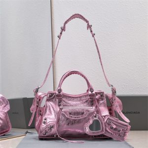 Women's NEO Cagole City Small Handbag In Metallized Arena Lambskin Pink Color