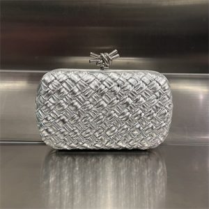 BV Knot Clutch In Calfskin Leather Wrinkled Silver Color