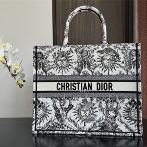 CD Large Book Tote White and Black Toile de Jouy Solei Embroidery