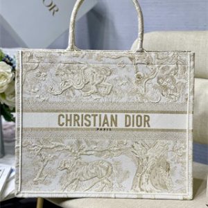 CD Large Book Tote Toile de Jouy Embroidery White and Gold Tone