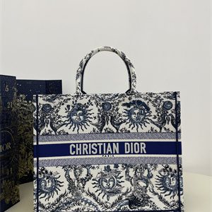 CD Large Book Tote White and Navy Toile de Jouy Solei Embroidery