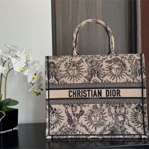 CD Large Book Tote Beige and Black Toile de Jouy Solei Embroidery