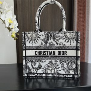 CD Small Book Tote White and Black Toile de Jouy Solei Embroidery