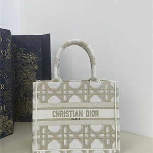 CD Small Book Tote White and Gold Tone Macrocannage Embroidery