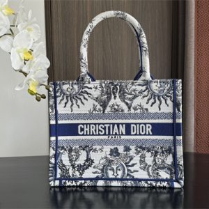 CD Small Book Tote White and Navy Toile de Jouy Solei Embroidery