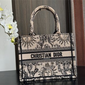 CD Small Book Tote Beige and Black Toile de Jouy Solei Embroidery