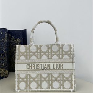 CD Medium Book Tote White and Gold Tone Macrocannage Embroidery