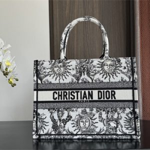 CD Medium Book Tote White and Black Toile de Jouy Solei Embroidery