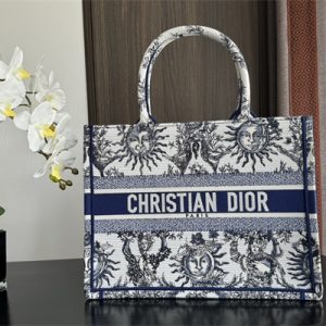 CD Medium Book Tote White and Navy Toile de Jouy Solei Embroidery