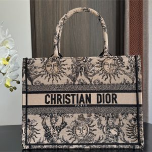 CD Medium Book Tote Beige and Black Toile de Jouy Solei Embroidery