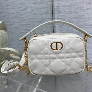 CD Small Caro Top Handle Camera Bag Macrocannage Calfskin Gold Tone Metal White