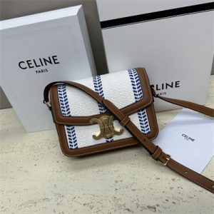Celine Teen Triomphe Bag In Textile  and Calfskin White Blue/Tan