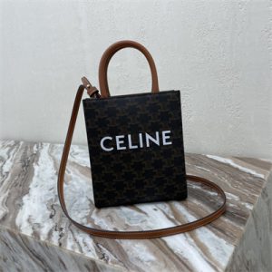 Celine Mini Vertical Cabas In Triomphe Canvas And Calfskin Tan With Celine Print