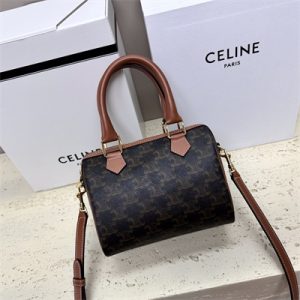 Celine Small Boston Bag In Triomphe Canvas and Calfskin Tan