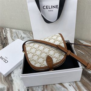 Celine Medium Folco Bag In Triomphe Canvas and Calfskin White
