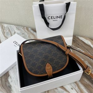 Celine Medium Folco Bag In Triomphe Canvas and Calfskin Tan