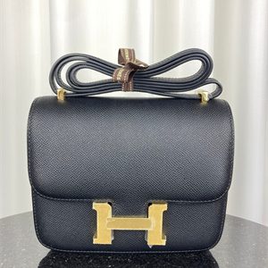 Constance Bag Epsom Leather 18CM Gold/Silver Tone Metal In Black Color HS