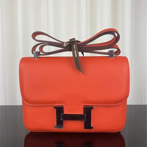 Constance Bag Epsom Leather 24CM Gold/Silver Tone Metal In Feu Orange Color HS