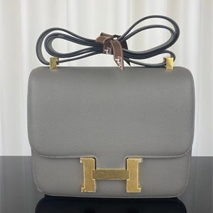 Constance Bag Epsom Leather 24CM Gold/Silver Tone Metal In Etain Color HS