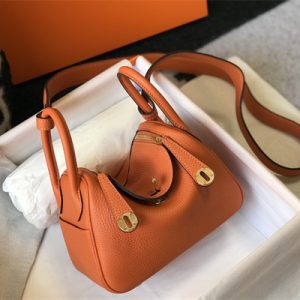 Lindy Mini Bag Calfskin Leather Gold/Silver Tone Metal In Feu Orange Color