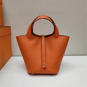 Picotin Lock Bag Togo Leather 18/22CM Gold/Silver Tone Metal In Orange Color HS