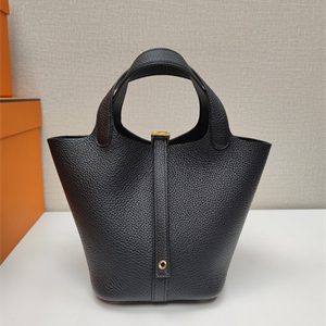 Picotin Lock Bag Togo Leather 18/22CM Gold/Silver Tone Metal In Black Color HS