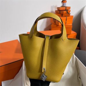 Picotin Lock Bag Togo Leather 18/22CM Gold/Silver Tone Metal In Jaune Amber Color HS