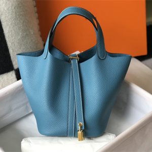 Picotin Lock Bag Togo Leather 18/22CM Gold/Silver Tone Metal In Blue Jean Color HS