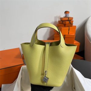 Picotin Lock Bag Togo Leather 18/22CM Gold/Silver Tone Metal In Jaune Poussin Color HS