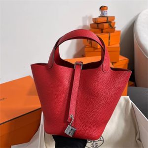 Picotin Lock Bag Togo Leather 18/22CM Gold/Silver Tone Metal In Red Color HS