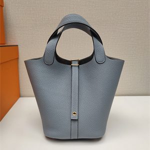 Picotin Lock Bag Togo Leather 18/22CM Gold/Silver Tone Metal In Bleu Lin Color HS