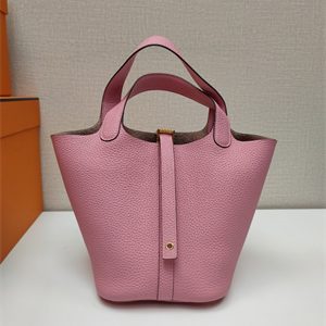 Picotin Lock Bag Togo Leather 18/22CM Gold/Silver Tone Metal In Pink Color HS